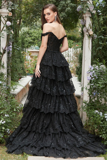 Princess A Line Black Off The Shoulder Long Tiered Ball Dress